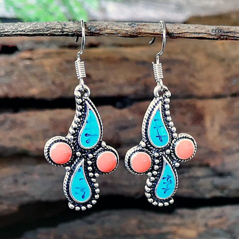 1 Pair Ethnic Style Leaf Water Droplets Metal Inlay Artificial Gemstones Turquoise Silver Plated Women's Drop Earrings
