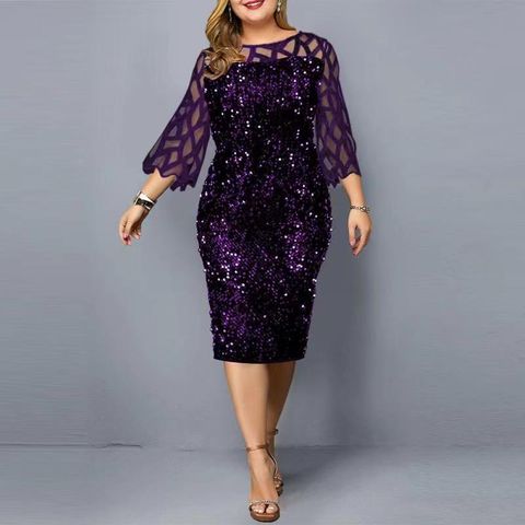 Regular Dress Simple Style Round Neck Beaded Lace 3/4 Length Sleeve Solid Color Knee-length Daily