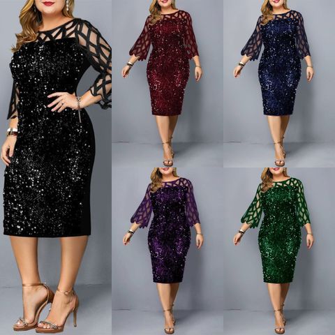 Regular Dress Simple Style Round Neck Beaded Lace 3/4 Length Sleeve Solid Color Knee-length Daily