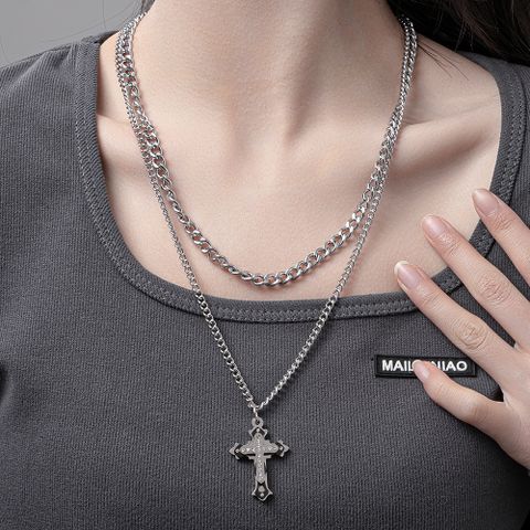 Hip-hop Cross Stainless Steel Inlay Rhinestones Layered Necklaces