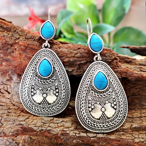 1 Pair Classical Ethnic Style Water Droplets Metal Inlay Turquoise Silver Plated Women's Drop Earrings
