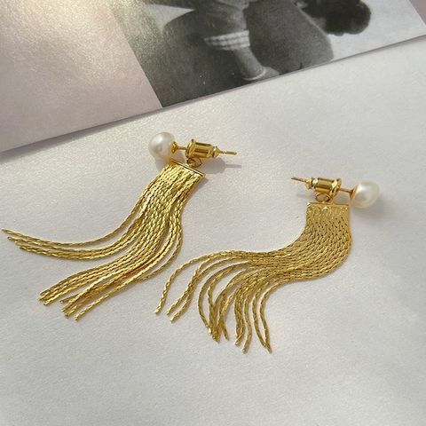 1 Pair Simple Style Tassel Metal Plating Artificial Pearls Women's Drop Earrings