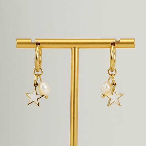 1 Pair Fashion Star Pearl Plating Inlay Stainless Steel Shell 18k Gold Plated Drop Earrings