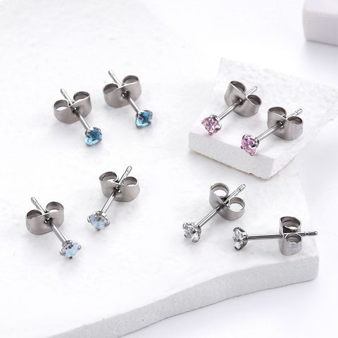 1 Pair Simple Style Round Stainless Steel Inlaid Zircon Ear Studs