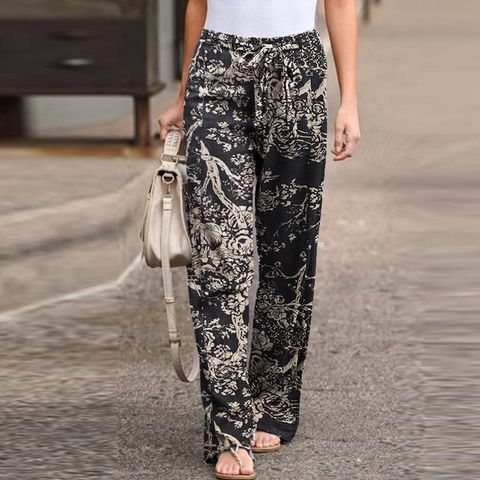 Women's Street British Style Solid Color Full Length Printing Casual Pants Straight Pants