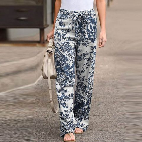 Women's Street British Style Solid Color Full Length Printing Casual Pants Straight Pants