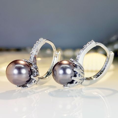 Cross-border Hot Sale Inlaid Gray Pearl Crown Earrings Inlaid Zircon Fashion Commuter Affordable Luxury Style High-grade Earrings