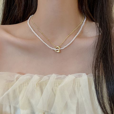 Vintage Style Lady Heart Shape Imitation Pearl Brass Beaded Plating Gold Plated Women's Layered Necklaces