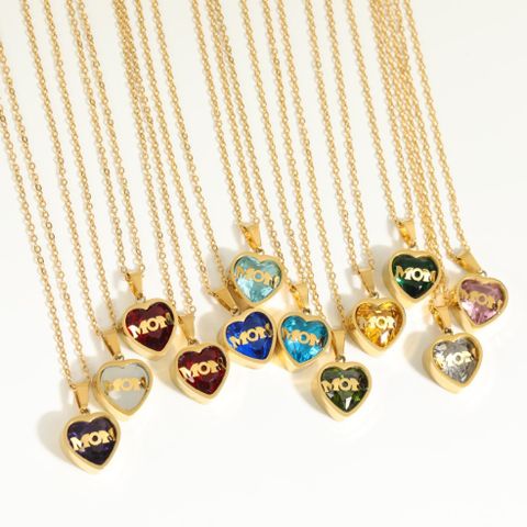 201 Stainless Steel 304 Stainless Steel Glass MAMA Simple Style Inlay Heart Shape Birthstone Zircon Pendant Necklace