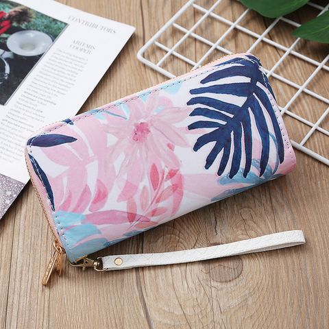 Women's Cactus Leaf Flower Pu Leather Zipper Wallets