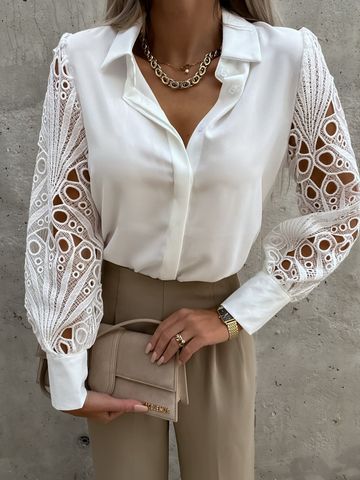 Women's Blouse Long Sleeve Blouses Hollow Out Elegant Solid Color