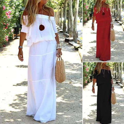 Women's Regular Dress Casual Boat Neck Short Sleeve Solid Color Maxi Long Dress Daily