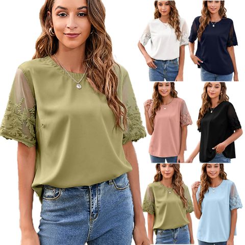Women's Chiffon Shirt Short Sleeve Blouses Lace Casual Solid Color