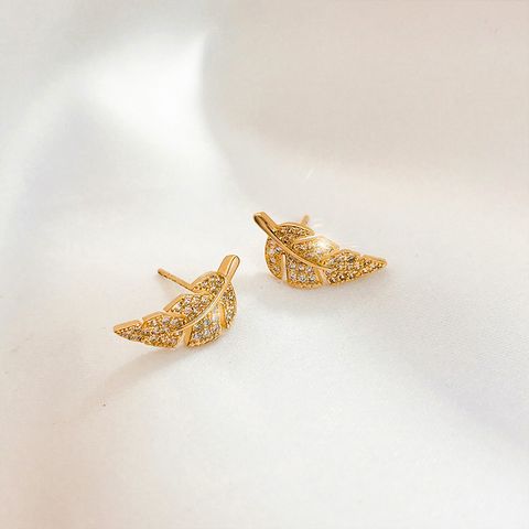 1 Pair Simple Style Leaf Plating Inlay Copper Zircon 24k Gold Plated Ear Studs