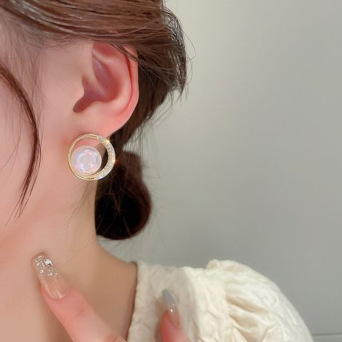 1 Pair Elegant Geometric Letter Copper Plating Inlay Artificial Pearls Zircon Earrings