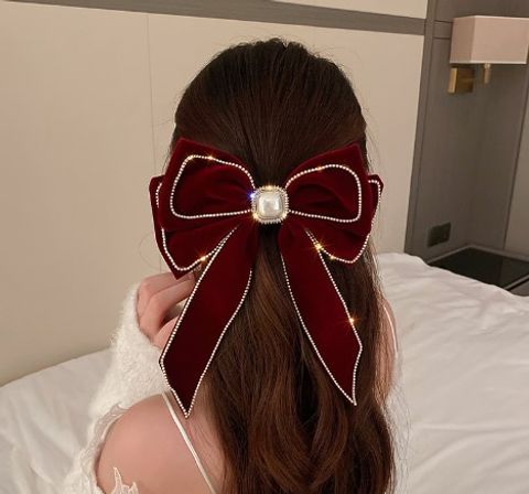 Sweet Bow Knot Cloth Inlay Rhinestones Pearl Hair Clip Hair Claws