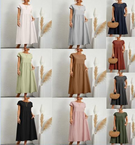 Femmes Robe Régulière Décontractée Col Rond Patchwork Manche Courte Couleur Unie Maxi Longue Robe Du Quotidien