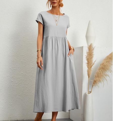 Women's Regular Dress Casual Round Neck Patchwork Short Sleeve Solid Color Maxi Long Dress Daily