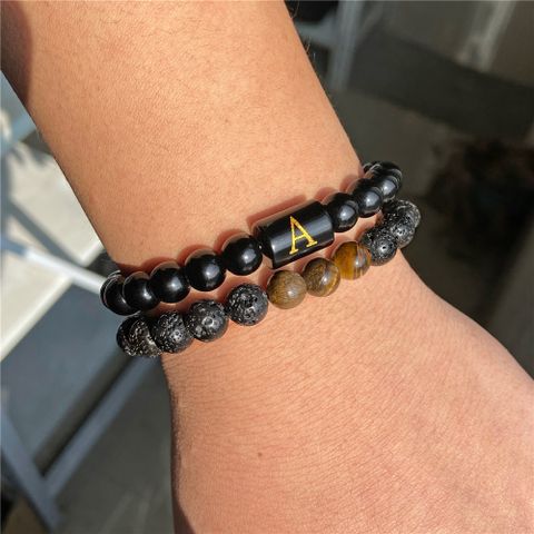 Retro Letra Piedra Natural Vidrio Tejido De Punto Hombres Pulsera