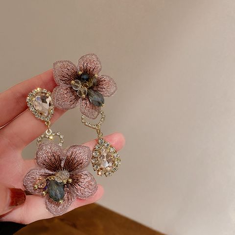 1 Pair Glam Flower Cloth Copper Inlay Artificial Crystal Rhinestones Drop Earrings