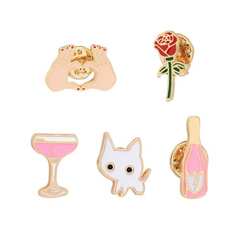 Cartoon Style Cat Flower Wine Glass Alloy Enamel Unisex Brooches