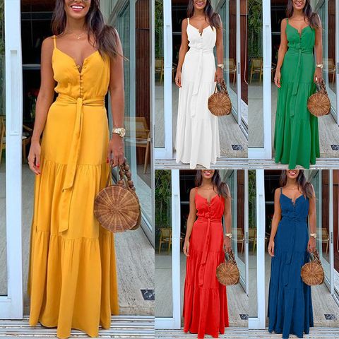 Women's Tiered Skirt British Style V Neck Sleeveless Solid Color Maxi Long Dress Street