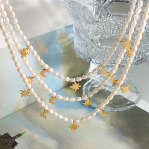 Élégant Luxueux Style Baroque Star Lune Perle D'eau Douce Acier Au Titane Placage Plaqué Or 18k Collier