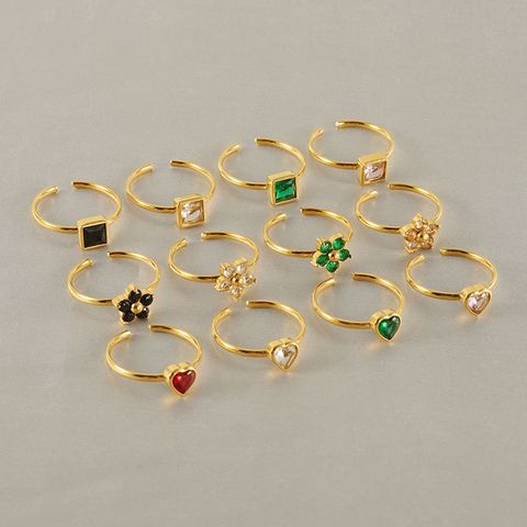Stainless Steel 18K Gold Plated Casual Cute Plating Inlay Square Heart Shape Flower Zircon Open Ring