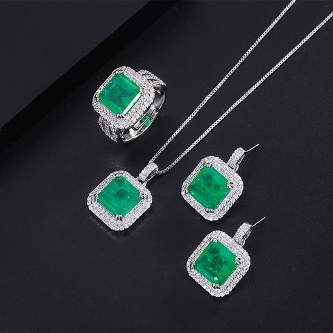 Elegant Retro Square Copper Inlay Zircon Women's Rings Earrings Necklace