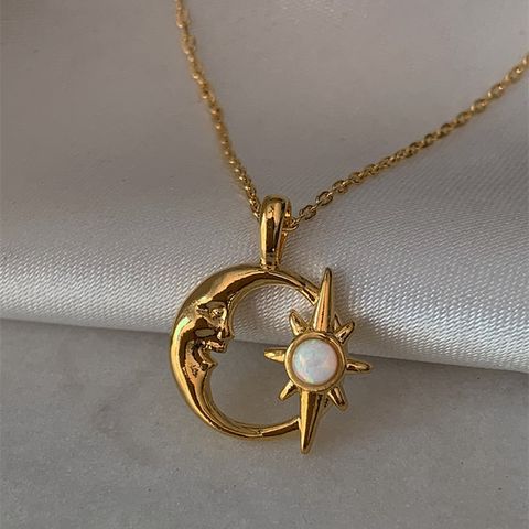 Artificial Opal Copper Retro Plating Inlay Star Moon Opal Pendant Necklace