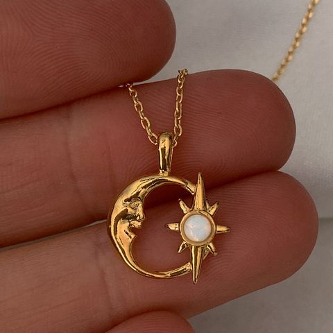 Artificial Opal Copper Retro Plating Inlay Star Moon Opal Pendant Necklace