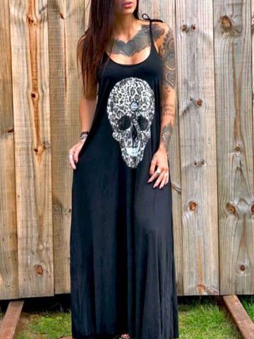 Women's T Shirt Dress Punk Streetwear V Neck Printing Short Sleeve Skull Maxi Long Dress Holiday Street
