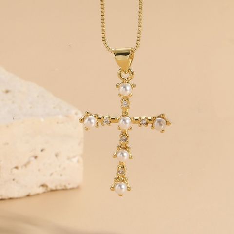 Elegant Luxurious Classic Style Cross Copper 14k Gold Plated Artificial Pearls Zircon Pendant Necklace In Bulk