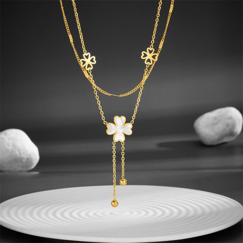 Titanium Steel 18K Gold Plated Simple Style Plating Four Leaf Clover Acrylic Layered Necklaces