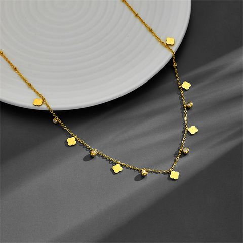 Titanium Steel 18K Gold Plated Elegant Simple Style Plating Inlay Four Leaf Clover Hand Of Fatima Zircon Necklace