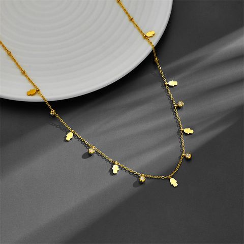 Titanium Steel 18K Gold Plated Elegant Simple Style Plating Inlay Four Leaf Clover Hand Of Fatima Zircon Necklace