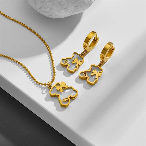 Titanium Steel 18K Gold Plated Sweet Inlay Bear Bow Knot Acrylic Titanium Steel Earrings Necklace