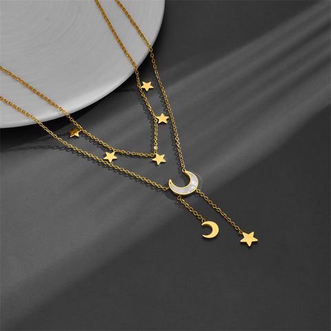 Titanium Steel 18K Gold Plated Sweet Simple Style Plating Inlay Star Moon Butterfly Acrylic Layered Necklaces
