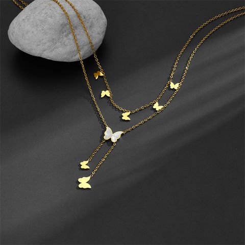 Titanium Steel 18K Gold Plated Sweet Simple Style Plating Inlay Star Moon Butterfly Acrylic Layered Necklaces