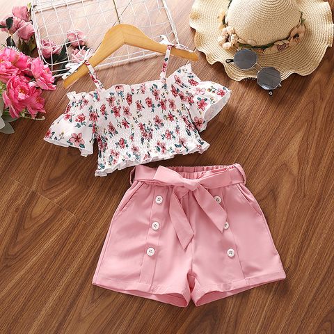 Casual Flower Double Button Backless Cotton Girls Clothing Sets