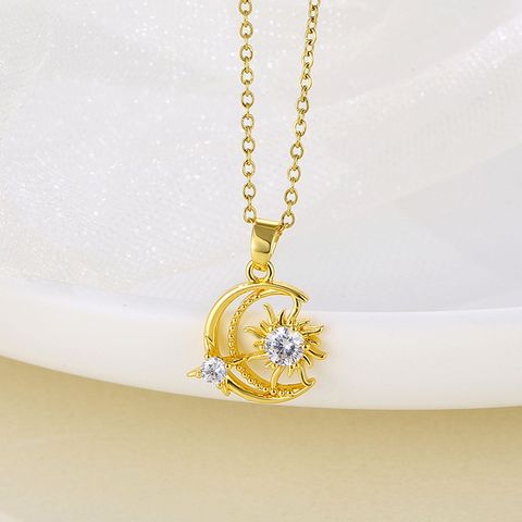 Stainless Steel Simple Style Plating Inlay Star Moon Zircon Pendant Necklace