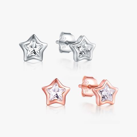 1 Pair Ins Style Fairy Style Korean Style Star Sterling Silver Three-dimensional Inlay Zircon Rose Gold Plated Rhodium Plated Ear Studs