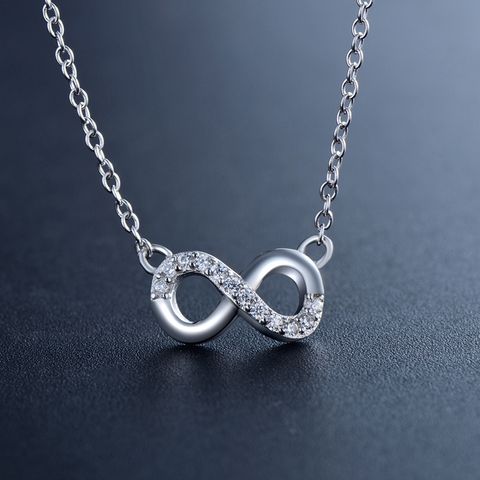 Romantic Simple Style Infinity Sterling Silver Plating Hollow Out Inlay Zircon Rhodium Plated Pendant Necklace
