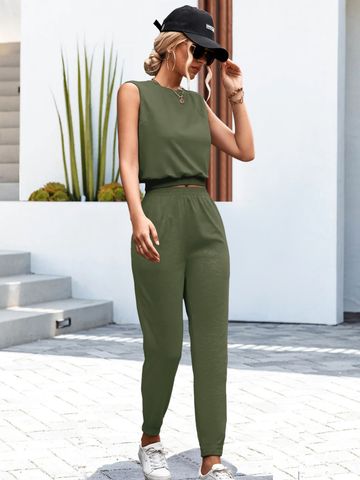 Women's Casual Solid Color Cotton Blend Polyester Pants Sets