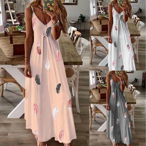 Women's Strap Dress Casual V Neck Printing Sleeveless Feather Maxi Long Dress Daily