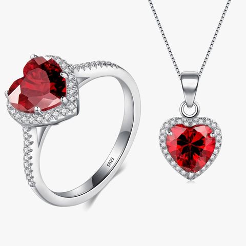 Elegant Vintage Style Heart Shape Sterling Silver Plating Inlay Zircon Rhodium Plated Rings Necklace