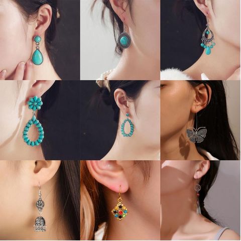 Vintage Style Vacation Streetwear Water Droplets Butterfly Alloy Metal Brass Plating Inlay Turquoise Rhinestones Zircon Gold Plated Silver Plated Women's Ear Studs Ear Hook