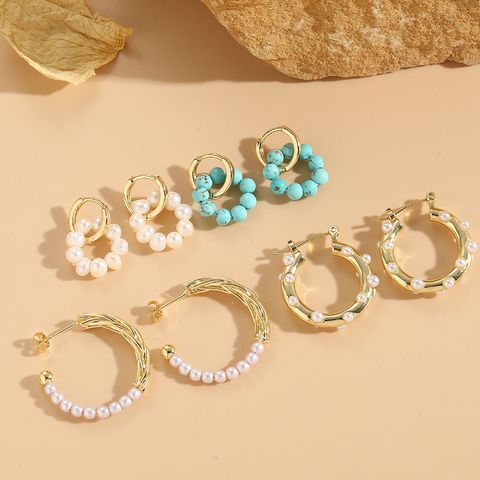 1 Pair Elegant Luxurious Classic Style Double Ring Natural Stone Copper Beaded Plating Inlay Freshwater Pearl 14k Gold Plated Drop Earrings Ear Studs