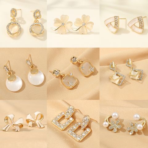 Elegant Triangle Round Flower Alloy Plating Inlay Artificial Pearls Gem Gold Plated Women's Drop Earrings