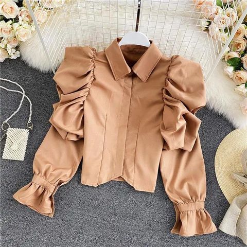 Women's Blouse Long Sleeve Blouses Washed Ruffles Casual Solid Color